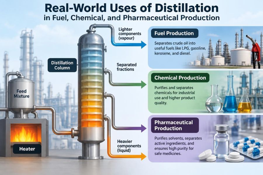 🧪 Real-World Uses of Distillation in Fuel, Chemical, and Pharmaceutical Production