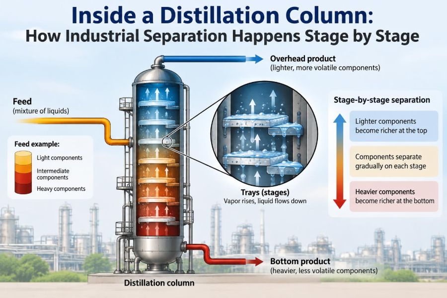 🧪 Inside a Distillation Column: How Industrial Separation Happens Stage by Stage