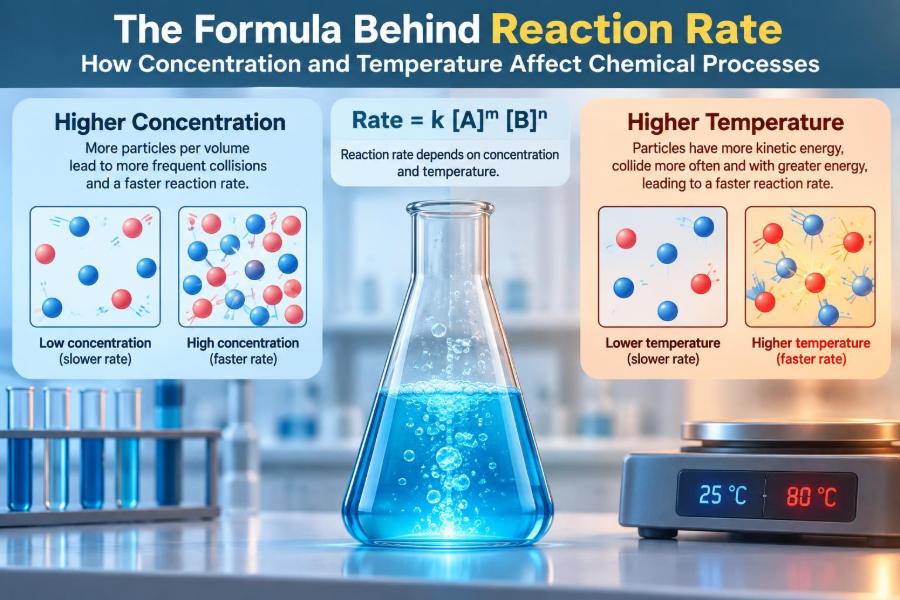 🧪 The Formula Behind Reaction Rate: How Concentration and Temperature Affect Chemical Processes